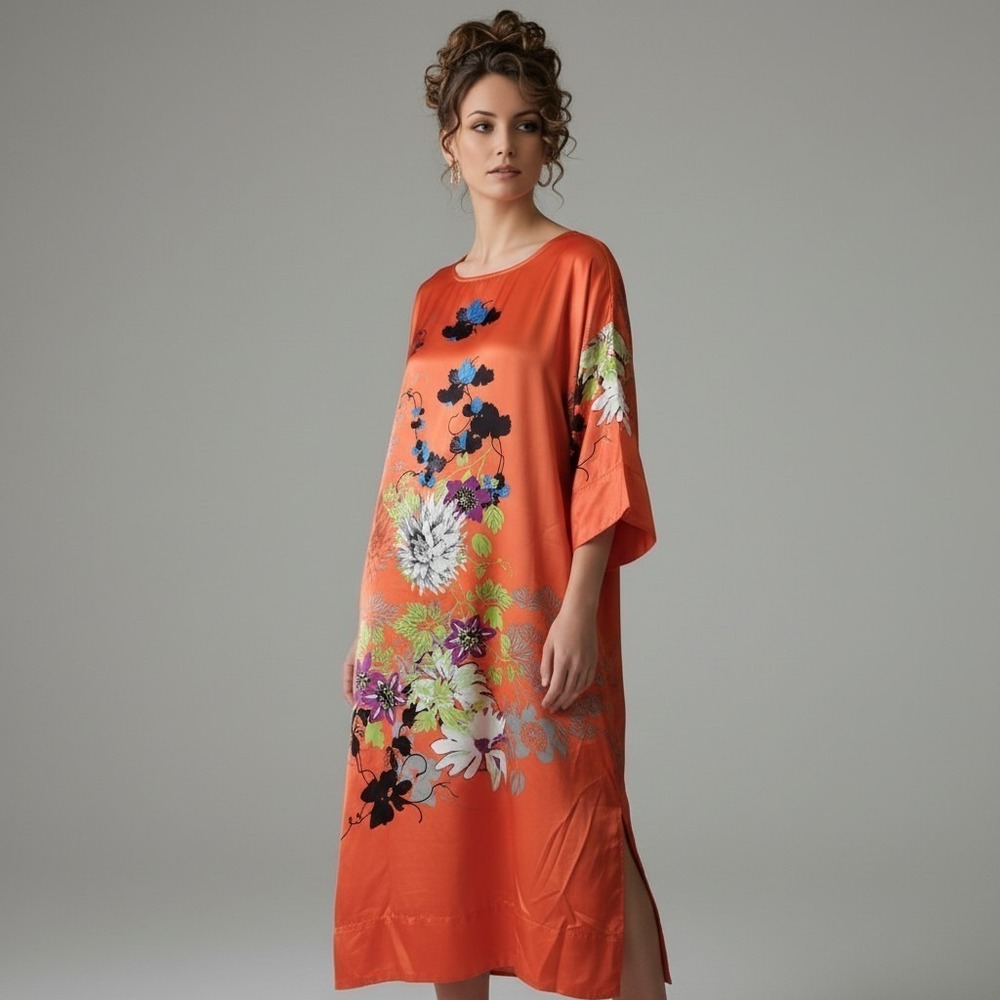 Soft Surroundings Coral Orange Botanical Satin Dress S Cottagecore Boho